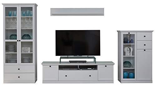 trendteam smart living - Baxter - Wohnwand (2 Vitrinen + TV-Lowboard + Wandboard) - Weiß - (BxHxT) 369 x 196 x 41 cm - Landhausstil - Kratzfest