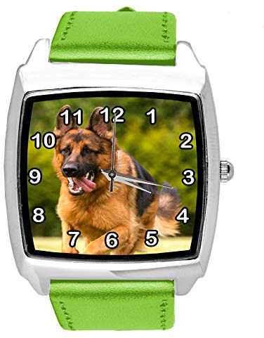TAPORT® Quarzuhr grün Lederband Quadrat mit deutschem Schäferhund