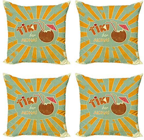 ABAKUHAUS Tiki Bar Dekokissen Kissenbezug 4er Pack, Aloha-Spaß-Party, Modern Accent Doppelseitiger Digitaldruck, 40 x 40 cm, Mandelgrün Orange