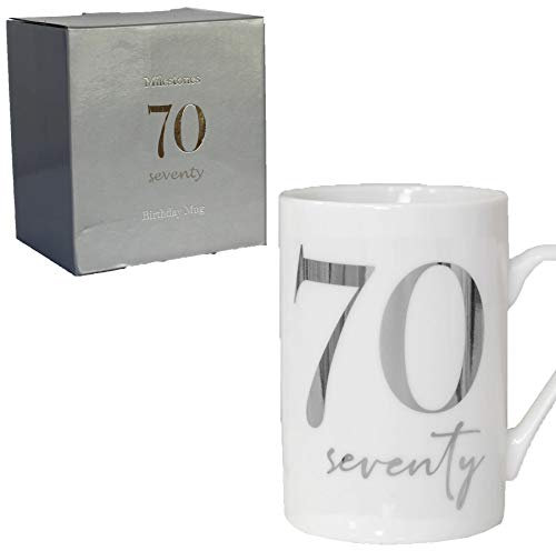 White Bone China Mug with Silver Foil Number - 70th Seventy 70 Birthday