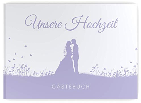 DeinWeddingshop Gästebuch Hochzeit Schmetterling - Hardcover, mit Fragen, A4 Quer, Leaf Couple (Pastell-Flieder/lila)