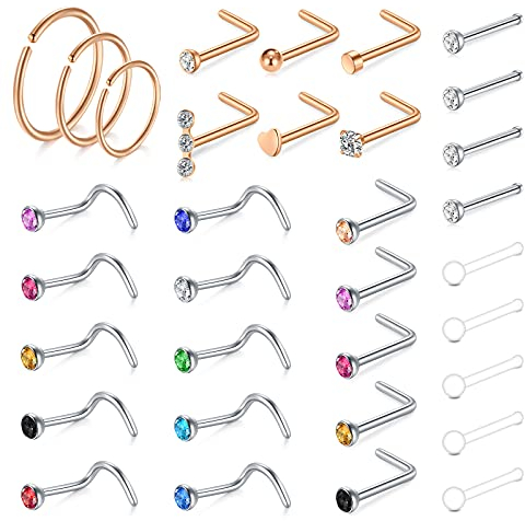 incaton 20G Nose Stud 33Pcs 0.8mm Nose Ring Surgical Steel Nose Piercings CZ Nose Screw Studs Nose Jewellery for Women Men
