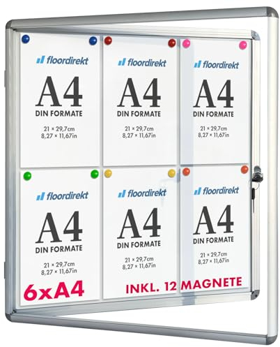 Floordirekt | Panneau d'affichage en aluminuim, vitrine d'affichage avec serrure à clé | Panneau arrière magnétique - Porte avec serrure - Cadre en aluminium | 24 aimants inclus| 6 x A4