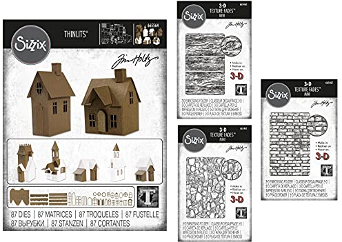 Tim Holtz Sizzix Village Collection Thinlits Stanzschablonen, Set mit 87 Stanzformen (665564) plus 3 aufeinander abgestimmte Mini-Texturen, Fades, Holz, 665461, 665462)