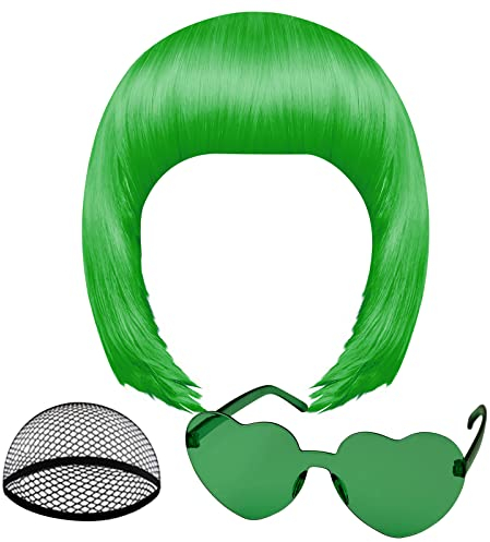 PLULON Dunkelgrün Bob Perücke und Sonnenbrille Set, Neon Kurze Bob Perücke Sonnenbrille Pack Kostüm Bunte Cosplay Perücke Haarteile für Bachelorette Neon Party Favors, Halloween Dekorationen