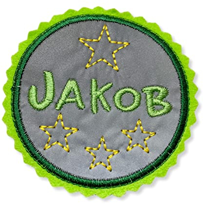 Klettie Reflektor mit Namen und Sternen für Schulmappe Wunschname 8cm grün - bis 8 Buchstaben