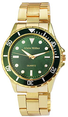 Alain Miller Herrenuhr–Edelstahl Armbanduhr Leuchtzeiger Analog Quarz 2800012 (goldfarbig/grün)