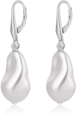 JiaYang Silber Perle baumeln Ohrringe für Frauen 925 Sterling Silber kubischer Zirkonia Barocke Perlen Ohrringes mit Fischhaken, CZ Diamant Perlenohrringe feinen Schmuck für Frauen 8MM-10MM