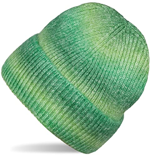 styleBREAKER Damen Strickmütze mit Streifen Farbverlauf im Ombré Look, Feinstrick Mütze, Strick Beanie 04024199, Farbe:Dunkelgrün-Grün
