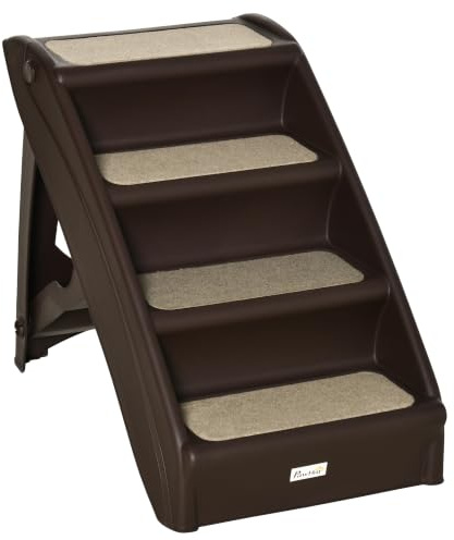 PawHut Foldable Dog Steps for Bed Sofa 4-Step Dark Brown 62 x 38 x 49.5cm | Portable Pet Stairs, for Cats and Small Miniature Dogs with Non-Slip Mats