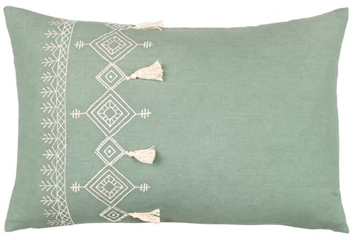 furn. Pritta Polyester Filled Cushion – Bohemian Geometric Embroidered Cotton Tassel Trim Pillow (Eucalyptus – 40x60cm)