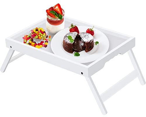 Artmeer Plateau de Lit Avec Pieds Pliants en Bambou - Pour Petit-Déjeuner, Table TV, Ordinateur Portable, Repas et Collation (Blanc)