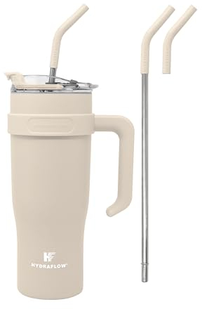 HYDRAFLOW Capri - 40oz Tumbler with Straw and Handle - Triple Wall Vacuum Insulated Tumbler - Insulated Smoothie Cup - Stainless Steel Tumbler - Reusable Tumbler with Lid - Sand