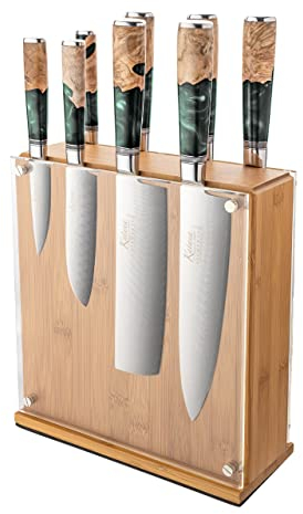 Katana Saya Elements 9 Piece Kitchen Knife Set, Rainforest Green - High Carbon VG-10 Damascus Steel for Extreme Toughness & Sharpness – Natural Olivewood & Resin Handle