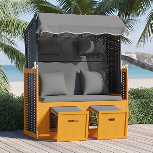 KOIECETA Strandkorb mit Kissen Poly Rattan und Massivholz mit Fußbänkchen 2-Sitzer Sonnenliege Gartenbank (Schwarz)