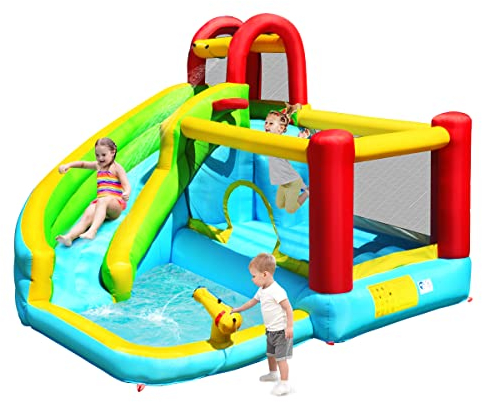 COSTWAY Aufblasbare Hüpfburg mit Rutsche Sprungbereich, Springburg Spielpool, Wasserpark Planschbecken 320 x 305 x 213 cm