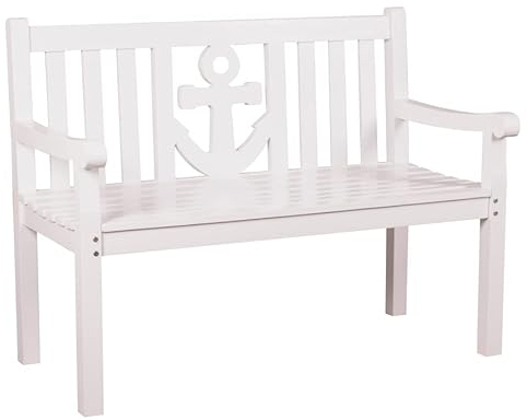 MR. DEKO® Gartenbank Anker aus Mahagoni weiß | Holzbank mit Lehne | Friesenbank für draußen | 2-Sitzer 120x60x89 cm | Sitzbank Mahagoniholz massiv & wetterfest für Garten Balkon Terrasse | Parkbank