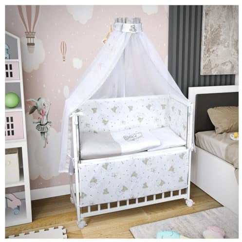 Baby Delux Beistellbett Babybett Stubenwagen weiß 90x40 mobil mit Rädern inkl. Matratze und Bettwäsche Set mehrteilig (Shiny Teddy)