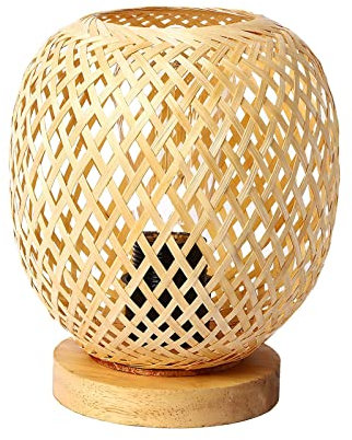AWHAO Lampe de Table en Rotin, Bambou Tissé Lampe de Table Design Style Japonais, Lampe de Chevet en Bambou Décoration avec Base, Lampe de Bureau pour Bureau Chambre Maison