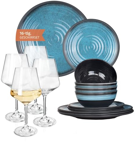 Melamin Camping Geschirr Set 4 Personen Stone Blue + 4 Milano Weiß Weingläser Tafelgeschirr Picknick BBQ Kochgeschirr