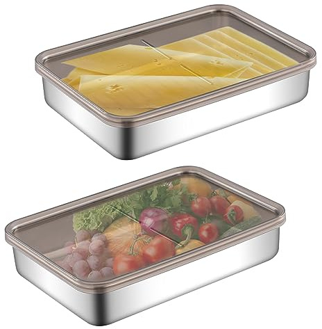 Freshmage - 2 recipientes de queso para refrigerador, recipientes herméticos de acero inoxidable 304 para cortes fríos, ahorro de queso, contenedores organizadores de refrigerador con tapas para