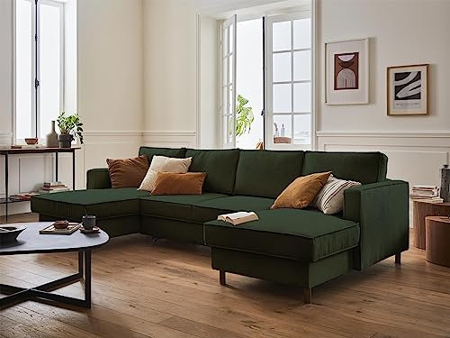 Lisa Design Jake – Wohnlandschaft U-Form – 7-Sitzer – mit Schlaffunktion und Bettkasten – aus Cord Grün