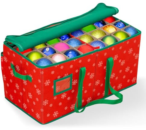 Anbtaee Weihnachtsschmuck Aufbewahrungsbox für 128 Feiertagsornamente 7.5cm, Xmas Urlaub Aufbewahrungsbehälter mit Reißverschluss Deckel, zwei seitliche Griffe und Taschen,Rot