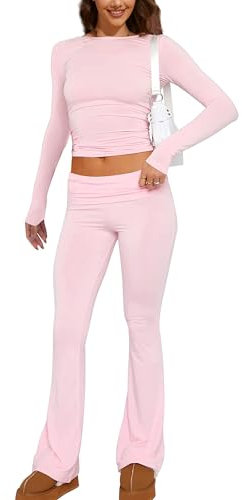 MISSACTIVER Zweiteiliges Damen-Outfit, langärmelig, bauchfreies Top und niedrige Taille, ausgestellte Hose, Lounge, 2-teiliges Yoga-Trainingsanzug, Pink, M