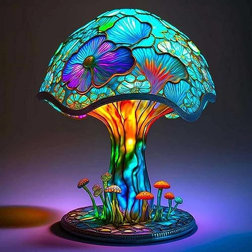 Rehenbsem Painting Mushroom Table Lamp, 2023 New 7.9IN Stained Glass Plant Night Light,Bohemian Resin Mushroom Decorative Bedside Lamp for Bedroom Living Room Home Office Decor Gift