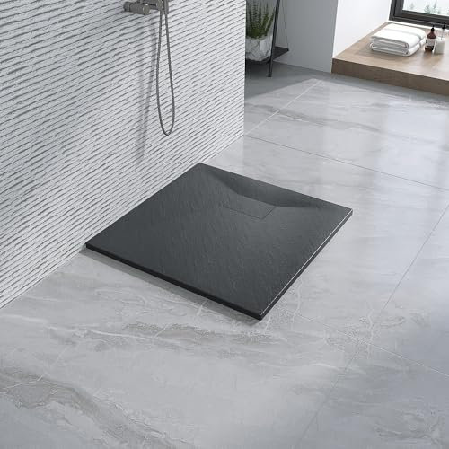 Duschwanne 90x90 cm schwarz flach ebenerdig Steinoptik Anti-Rutsch Zuschneidbar ohne Siphon und Ablaufgarnitur