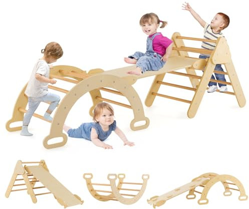 DREAMADE Triangle Escalade Bebe Montessori pour 1+ Ans, Échelle d’Escalade en Bois avec Triangle/Arche/Rampe, Convient pour Enfant à Maternelle, Maison (Naturel)