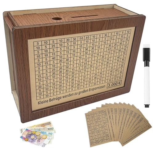 Spardose Holz mit Marker Aufklebern, Spardose mit Zähler, Spardose mit Sparziel zum Ankreuzen, Geld Organizer, Geld Sparen Challenge, Spardose Erwachsene,Sparchallenge,Spardose 500-10000 Euro