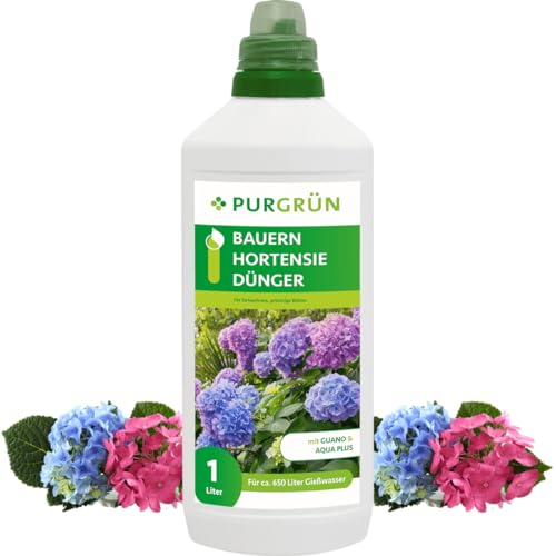 Purgrün® Bauernhortensie-Dünger 1 Liter – Organisch-mineralische Rezeptur – Premium-Flüssigdünger mit Spurennährstoffen – NPK 8+8+6 – Mit Guano & Aqua Plus für üppige Blüten & robuste Pflanzen