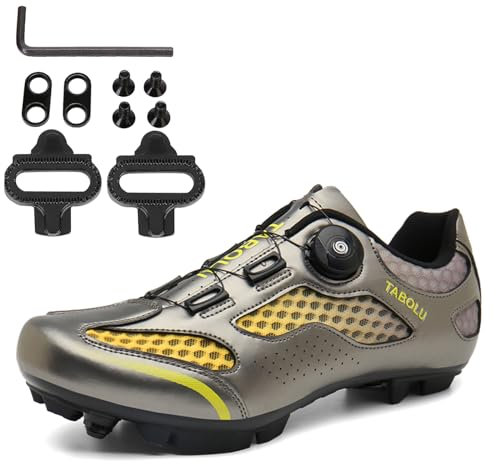 PENXZT MTB Schuhe Herren Damen Fahrradschuhe Mountainbike Schuhe kompatibel mit SPD 2 Schrauben mit Cleats Unisex Radsportschuhe Draussen,Gold,40 EU