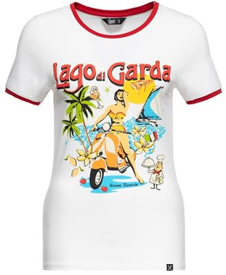 Queen Kerosin Damen Print T-Shirt Shirt Kurzarmshirt Lago Di Garda Gardasee Vintage Retro Artwork Ringer Slim Fit Lago Di Garda