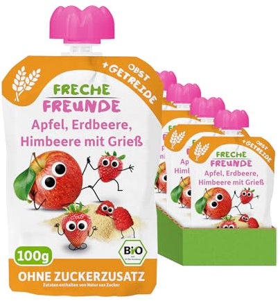 FRECHE FREUNDE Bio Quetschie Apfel, Erdbeere, Himbeere mit Grieß, Fruchtmus mit Getreide im Quetschbeutel für Babys ab dem 6. Monat, vegan, 6er Pack (6 x 100g)