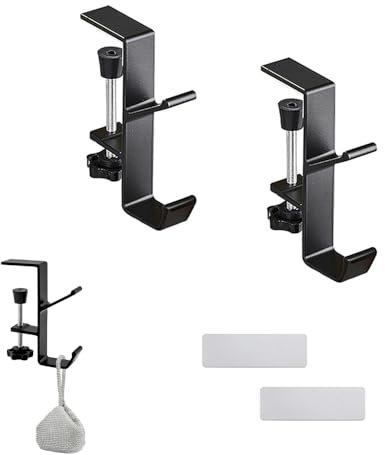 RHQFDM 2 Stücke Verstellbarer Taschenhalter für Tisch,Handtaschen Halterung Tisch Stabil,Kopfhörer Halterung für Bürotische,Geeignet für Schultertaschen,Handtaschen,Jacken,Wasserflasche,etc(Schwarz)