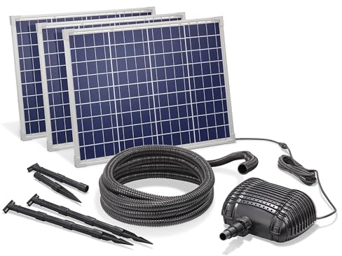 Esotec Solar Bachlaufpumpe Wasserfall Quellstein Komplettset 101571 | 150Wp Solarmodul, 4300l/h Pumpe, Förderhöhe bis 4,2m, IP68, Trockenlaufschutz, 5m Spiralschlauch, 18VDC, Bachlauf