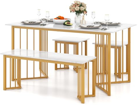 COSTWAY Esstisch Set 4-teilig, Esszimmergruppe mit 2 Stühlen, Tisch, Bank, rechteckiger Küchentisch Marmor, Moderne Essgruppe Metall, für Esszimmer Küche Wohnzimmer, Weiß+Golden, 150x80x75cm