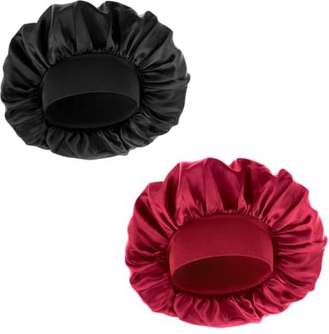 Qianyu 2 Pcs Satin Bonnet for Night Sleeping Silk Anti-Slip Hair Wraps for Women Natural Curly Hair with Elastic Ajustable Wide Band Soft Lined Large Double Layer Sleep Shower Caps (black,red)