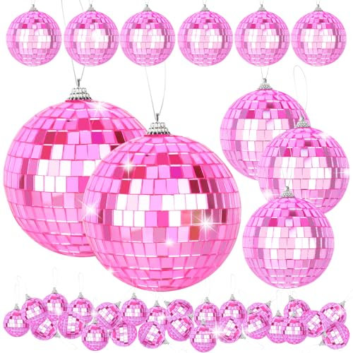 YCCOKJJ Lot de 41 boules à facettes décoratives roses avec corde de suspension - 4 tailles de diamètre 4, 3, 2, 1,2 pouces - Réfléchissantes - Mini boule disco à suspendre - Pour sapin de Noël, maison