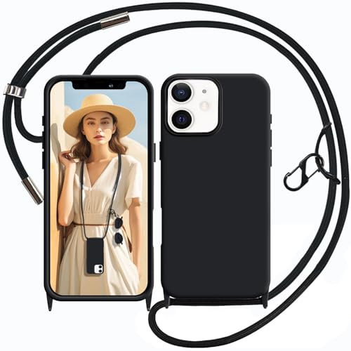 UnnFiko Handykette kompatibel mit iPhone 12 Hülle mit Band,Silikon Handyhülle mit Verstellbarer Kette zum Umhängen,Schwarz