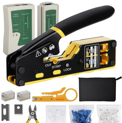 HENSHOW RJ45 Crimpzange Set, Professioneller Netzwerk Werkzeug mit 50x Cat5 Cat6 Lan Stecker Pass Through, Netzwerktester, Crimpzange RJ45 Presszange für stecker