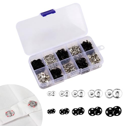 100 Sätze Nähbare Druckknöpfe in Schwarz und Silber, 12mm, 10mm, 8.5mm, 7.5mm – Hochwertige Metall Druckknöpfe mit Transparenter Aufbewahrungsbox, für Kleidung, Handtaschen und DIY-Projekte