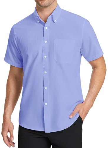 HISDERN Shirts for Men Short Sleeve Oxford Men's Blue Office Shirt Regular Fit Formal Smart Button Down with Pocket, XL