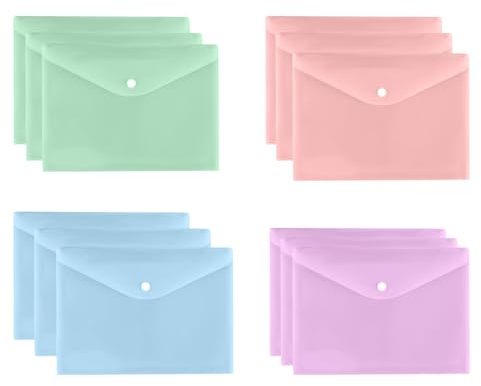 Cozlly 12 Stück Dokumententasche A4, 12 farbige Dokumentenmappe Brieftaschen, Mappen Brieftaschen Tasche mit Druckknopf, zum Dokumenten Abheften für Schule, Zuhause, Arbeit, Büro, 4 Farben