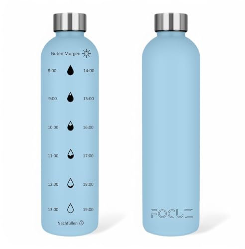 FOCUZ Motivational Bottle 1 L [Ocean] mit motivierender Zeitmarkierung, Trinkflasche 1l, 1 Liter - auslaufsicher, BPA frei, spülmaschinenfest, Kohlensäure geeignet