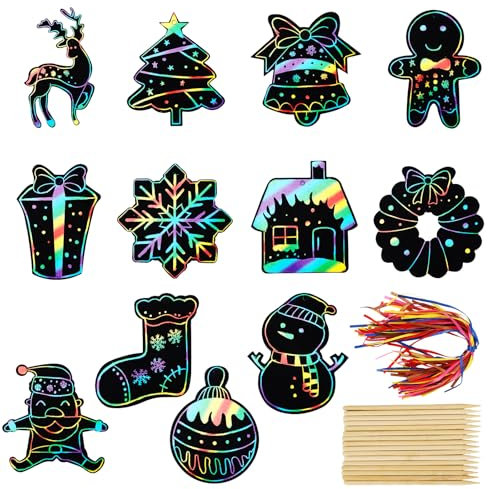 Gosknor 96 Pzs Papeles para Rascar de Navidad, Adornos Mágicos de Tarjetas para Rascar de Navidad Árbol de Navidad para Rascar Kits Creativos de Manualidades Colgantes para Hacer Uno Mismo (Estilo B)