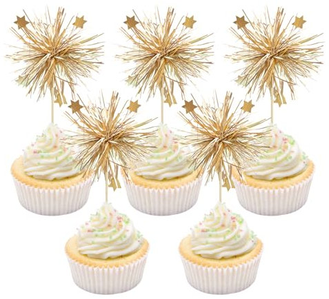 30 Piezas de Decoración para Cupcakes, Adornos de Fuegos Artificiales para Cupcakes, Decoración de Pastel Dorado, Adornos De Pastel con Purpurina, para Cumpleaños, Boda, Fiesta de Navidad