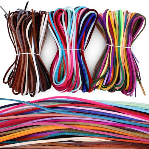 NVGFTG 60 Farben Lederbänder, 60 m Lederband Ketten, Lederband Flach Lederschnur Vintage Leder Schnur für DIY Armband Halskette Schmuck Handwerk, 1 m pro Farbe